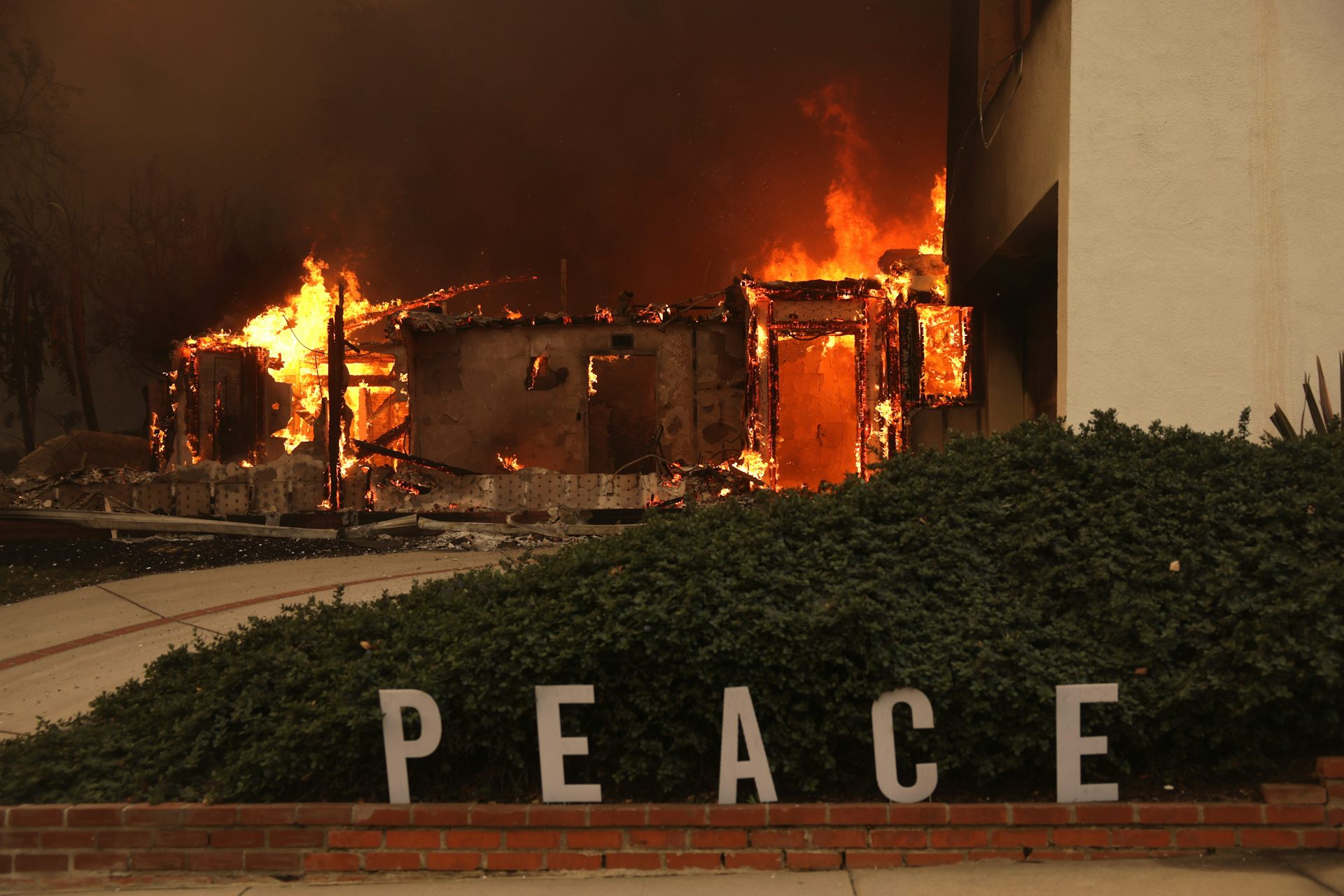 house burns behind sign reading 'peace'