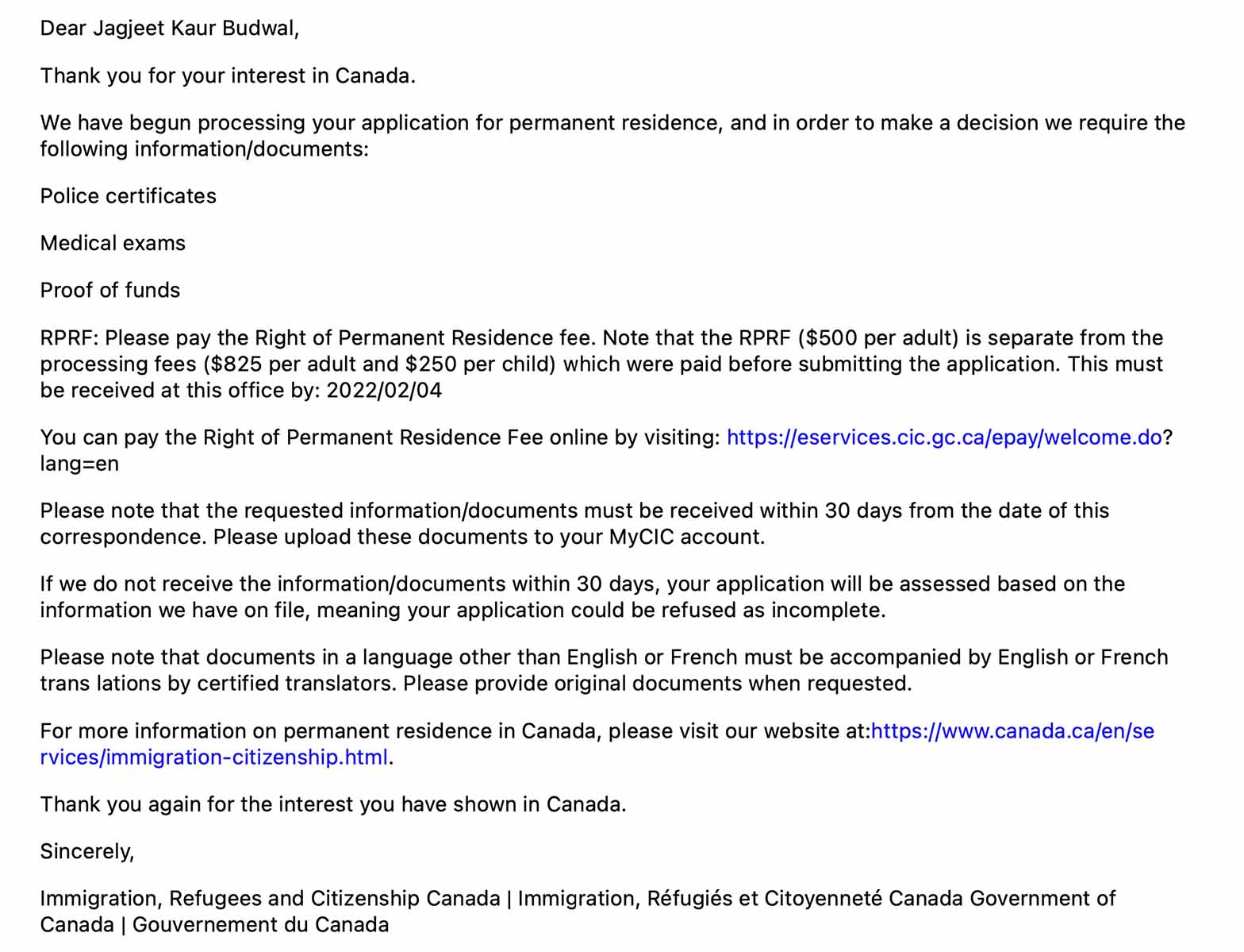 Permanent residency mail